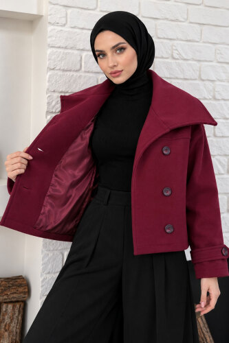 Şal Yaka Kısa Kaşe Kaban TSD260367 Mürdüm - 3