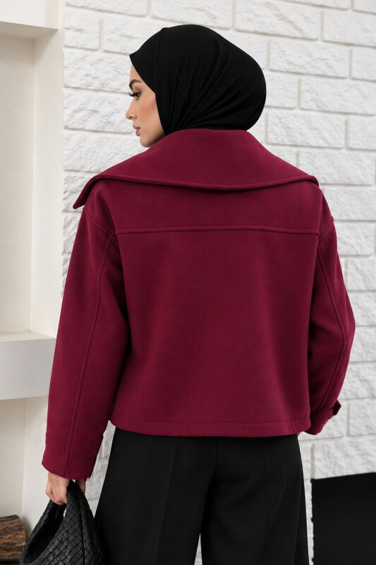 Şal Yaka Kısa Kaşe Kaban TSD260367 Mürdüm - 6