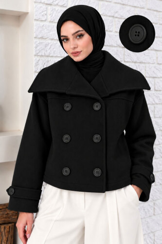 Şal Yaka Kısa Kaşe Kaban TSD260367 Siyah - 2