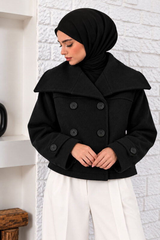Şal Yaka Kısa Kaşe Kaban TSD260367 Siyah - 5