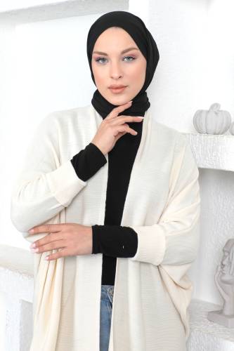 Şal Yaka Triko Hırka TSD230356 Bej - Tesettür Dünyası (1)