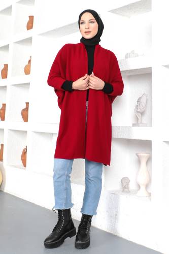 Şal Yaka Triko Hırka TSD230356 Bordo - Tesettür Dünyası (1)