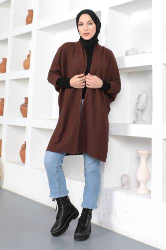 Şal Yaka Triko Hırka TSD230356 Kahverengi - Tesettür Dünyası (1)
