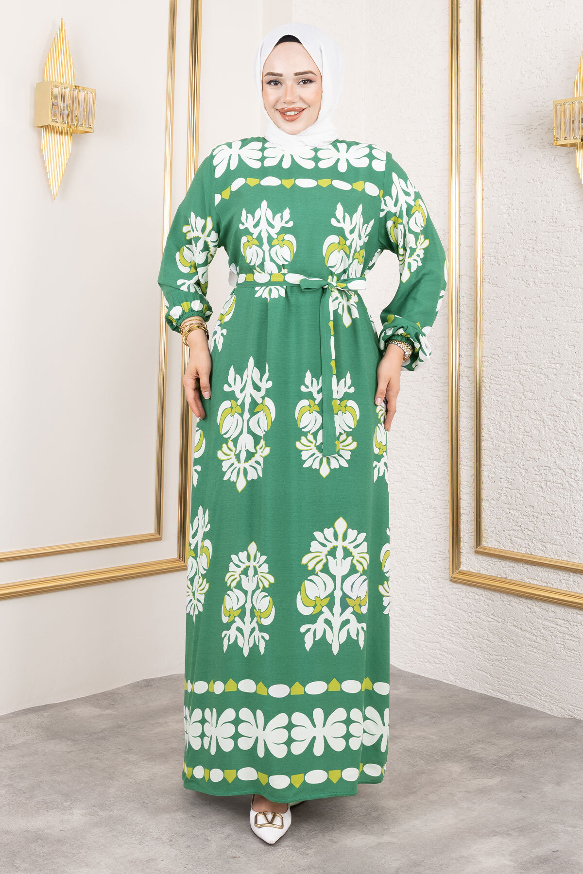 Şekilli Etnik Desenli Viskon Elbise TSD250193 Yeşil