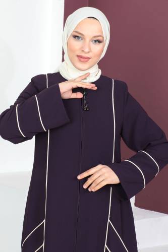Şerit Detaylı Ferace TSD230433 Mürdüm - Tesettür Dünyası (1)