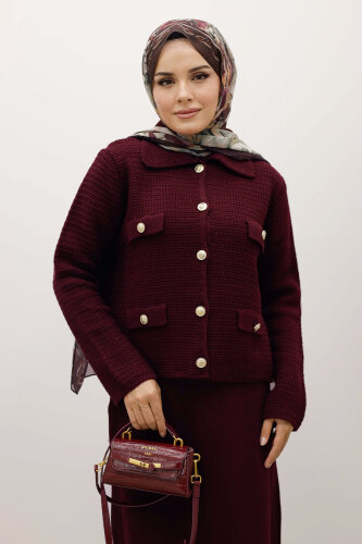 Süs Cepli Triko Hırka TSD250243 Mürdüm 