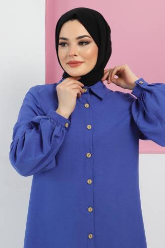 Tahta Düğmeli Tunik TSD220348 Saks Mavisi - Tesettür Dünyası (1)