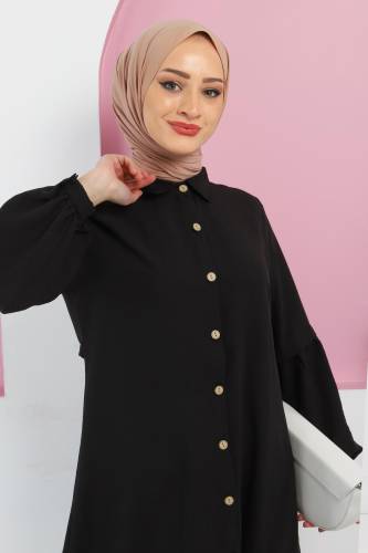 Tahta Düğmeli Tunik TSD220348 Siyah - Tesettür Dünyası (1)
