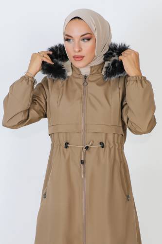 Tam Boy Pat Detaylı Mont TSD230910 Camel - Tesettür Dünyası (1)