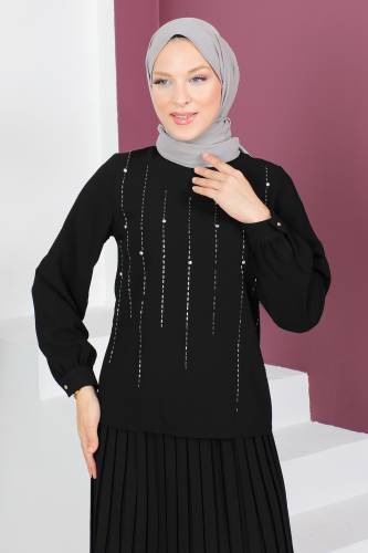 Taş Detaylı Etekli Takım TSD230525 Siyah - Tesettür Dünyası (1)