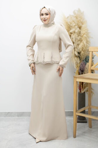 Taş İşlemeli Peplum Tesettür Abiye TSD260195 Bej 