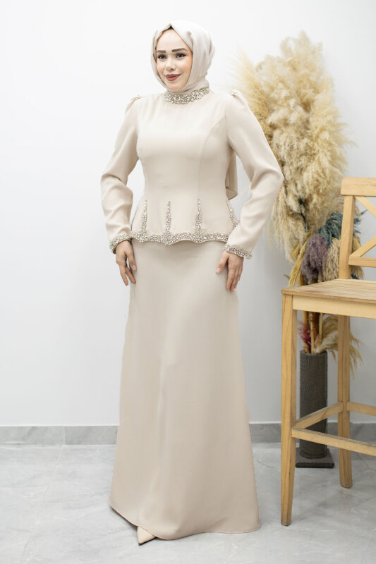 Taş İşlemeli Peplum Tesettür Abiye TSD260195 Bej - TESETTÜR DÜNYASI