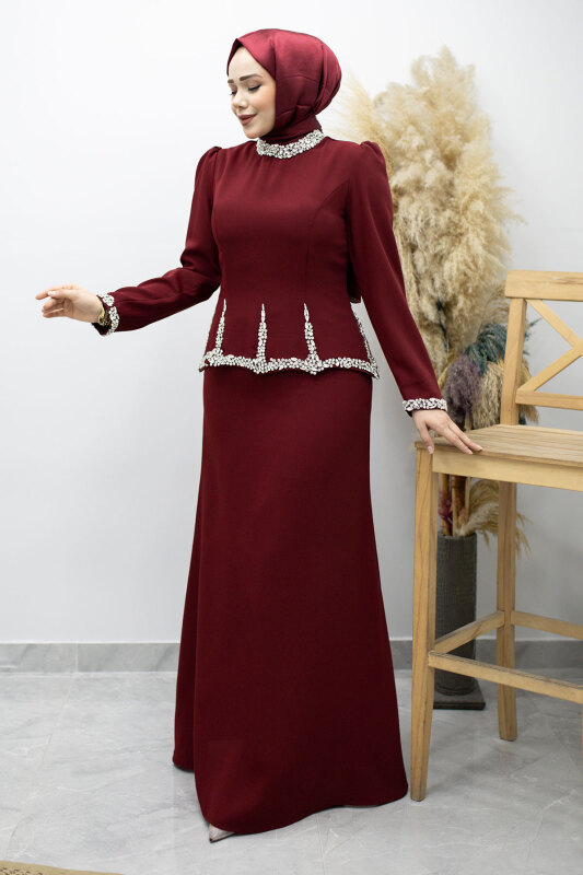 Taş İşlemeli Peplum Tesettür Abiye TSD260195 Bordo - TESETTÜR DÜNYASI