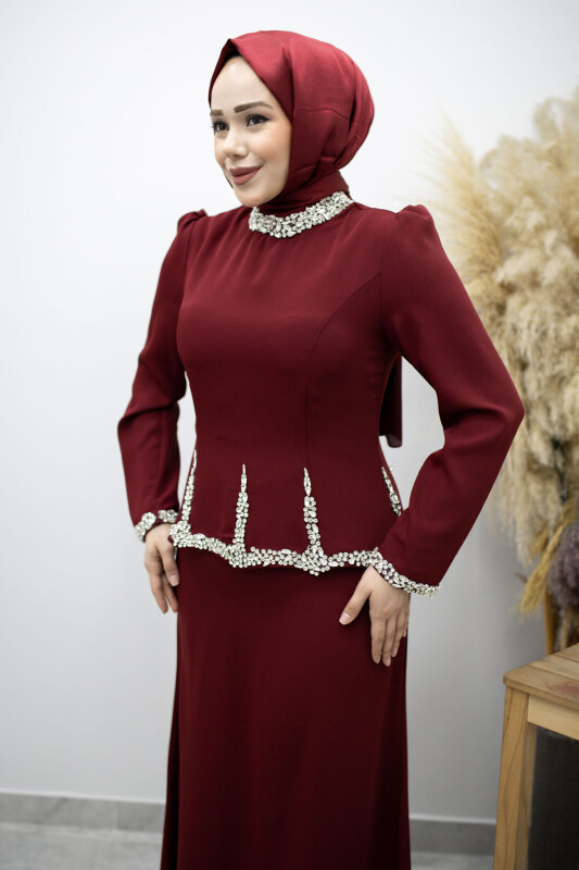 Taş İşlemeli Peplum Tesettür Abiye TSD260195 Bordo - TESETTÜR DÜNYASI (1)