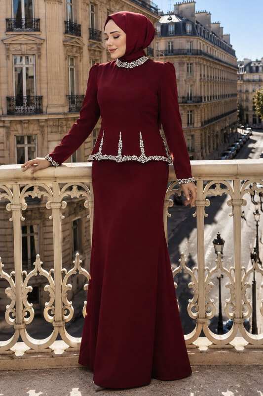 Taş İşlemeli Peplum Tesettür Abiye TSD260195 Bordo - Tesettür Dünyası