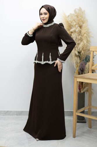 Taş İşlemeli Peplum Tesettür Abiye TSD260195 Kahverengi - 1