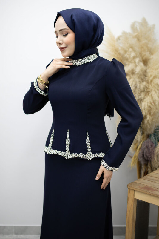 Taş İşlemeli Peplum Tesettür Abiye TSD260195 Lacivert - TESETTÜR DÜNYASI (1)