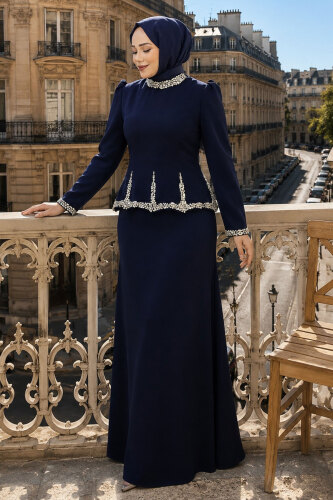Taş İşlemeli Peplum Tesettür Abiye TSD260195 Lacivert - 1