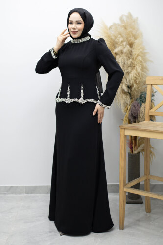 Taş İşlemeli Peplum Tesettür Abiye TSD260195 Siyah 