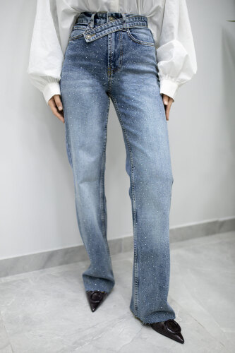 Taşlı Çapraz Kemerli Kot Pantolon TSD260194 Mavi - 4