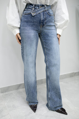 Taşlı Çapraz Kemerli Kot Pantolon TSD260194 Mavi - 6