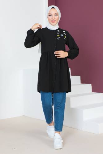 Tek Tarafı Papatya Nakışlı Tunik TSD230637 Siyah 
