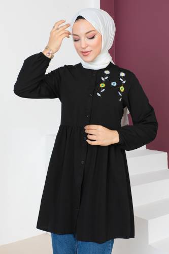 Tek Tarafı Papatya Nakışlı Tunik TSD230637 Siyah - Tesettür Dünyası (1)