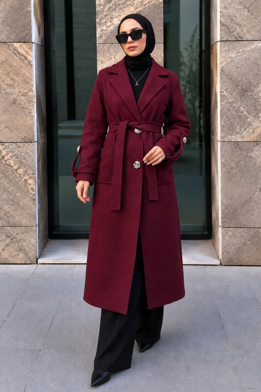 Torba Cepli Apolet Detaylı Kaşe Kaban TSD260314 Bordo - Tesettür Dünyası