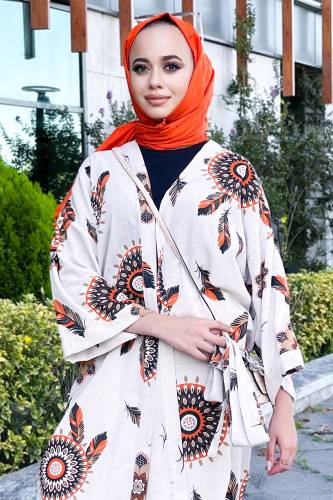 Tüy Desenli Kimono TSD220849 Turuncu - Tesettür Dünyası (1)