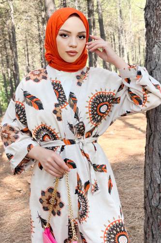 Tüy Desenli Tam Boy Kimono TSD220901 Turuncu - Tesettür Dünyası (1)