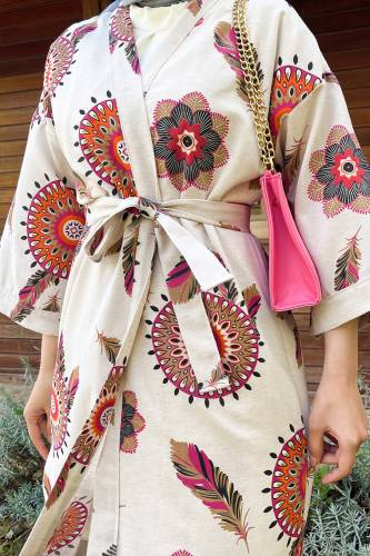 Tüy Desenli Tam Boy Kimono TSD220901 Fuşya - Tesettür Dünyası (1)