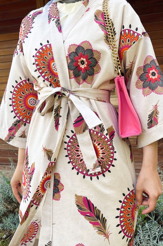 Tüy Desenli Tam Boy Kimono TSD220901 Fuşya - 2