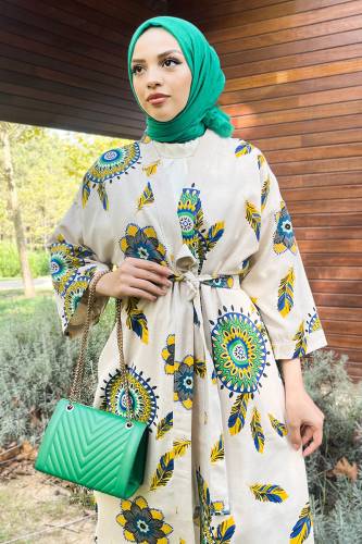 Tüy Desenli Tam Boy Kimono TSD220901 Yeşil - Tesettür Dünyası (1)