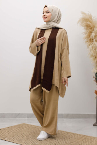 Üçlü Hırkalı Triko Takım TSD260103 Camel - TESETTÜR DÜNYASI