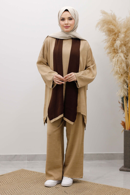 Üçlü Hırkalı Triko Takım TSD260103 Camel - 4