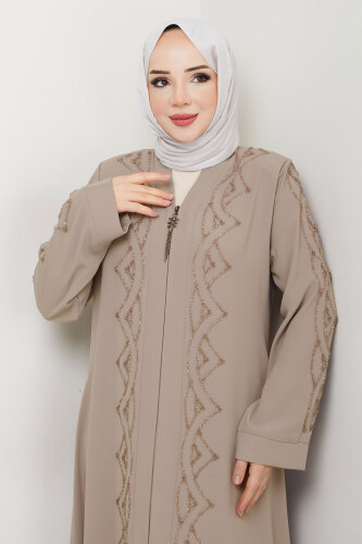 V Yaka Abaya TSD250123 Bej - Tesettür Dünyası (1)