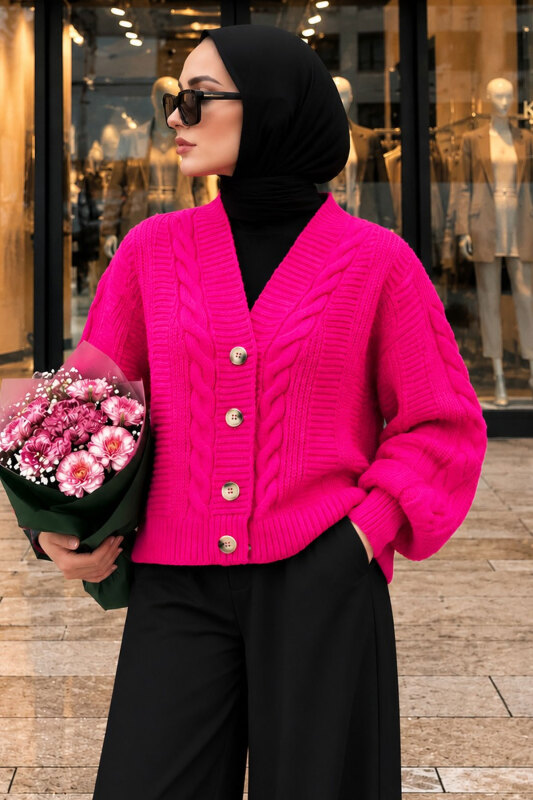 V Yaka Düğmeli Örgü Desenli Hırka TSD260381 Pembe - Tesettür Dünyası