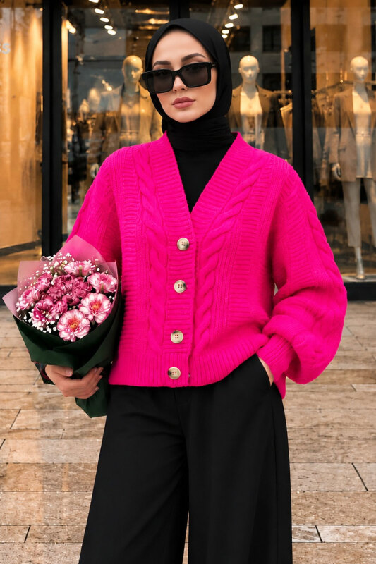 V Yaka Düğmeli Örgü Desenli Hırka TSD260381 Pembe - Tesettür Dünyası (1)