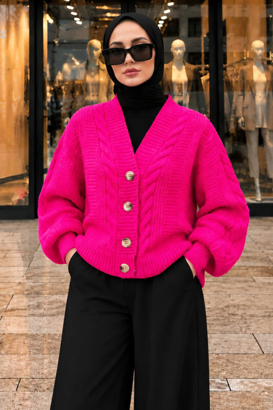 V Yaka Düğmeli Örgü Desenli Hırka TSD260381 Pembe - 3