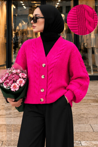 V Yaka Düğmeli Örgü Desenli Hırka TSD260381 Pembe - 4