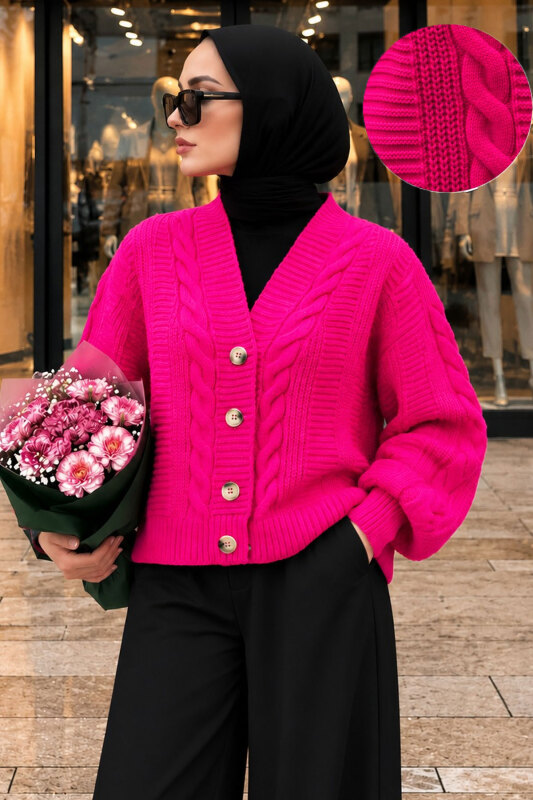 V Yaka Düğmeli Örgü Desenli Hırka TSD260381 Pembe - 4