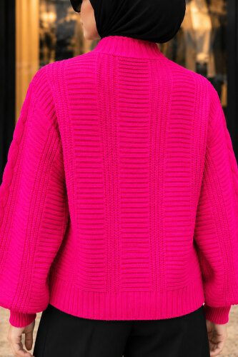 V Yaka Düğmeli Örgü Desenli Hırka TSD260381 Pembe - 5