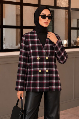 V Yaka Ekose Ceket TSD260334 Siyah - 4