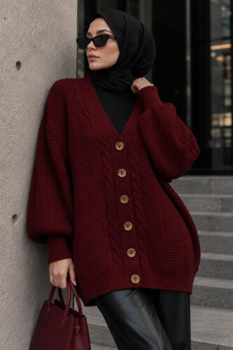 V Yaka Saç Örgü Detaylı Triko Hırka TSD260296 Bordo - 3