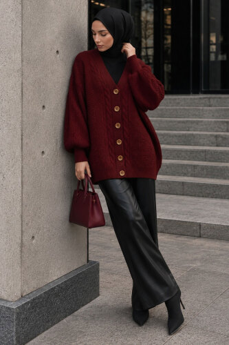 V Yaka Saç Örgü Detaylı Triko Hırka TSD260296 Bordo - 4