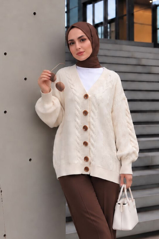 V Yaka Saç Örgü Detaylı Triko Hırka TSD260296 Erku - 3
