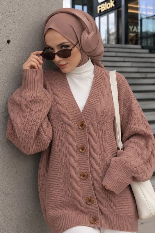 V Yaka Saç Örgü Detaylı Triko Hırka TSD260296 Gül Kurusu - 3