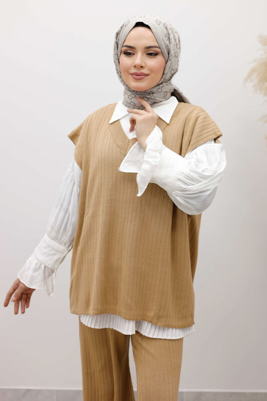 V Yaka Süveter Triko Takım TSD260104 Camel - 2