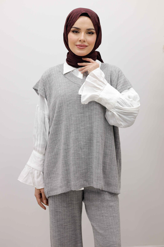 V Yaka Süveter Triko Takım TSD260104 Gri - 2