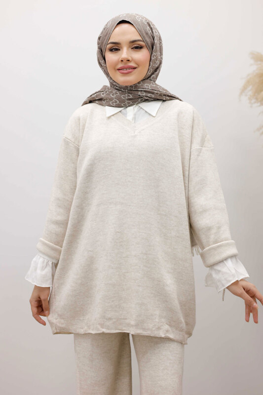 V Yaka Triko Takım TSD260117 Bej - 2